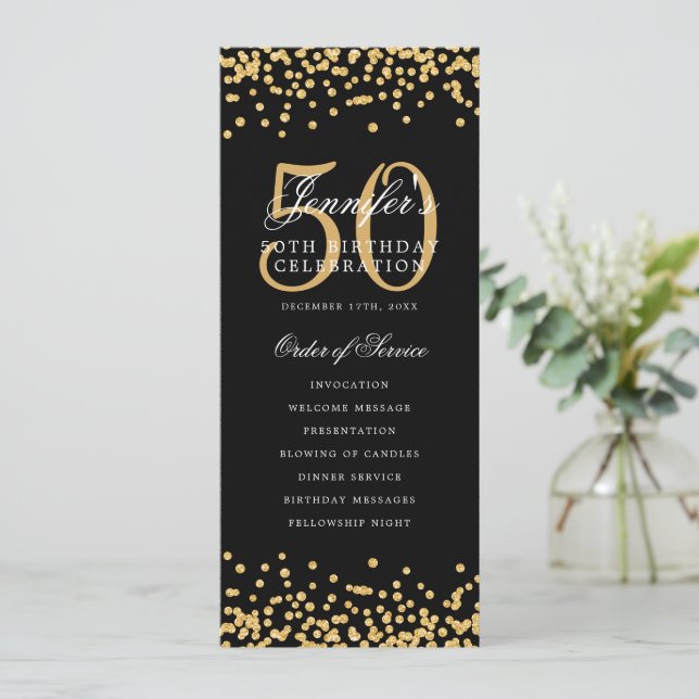 Elegant 50th Birthday Program Gold Black Confetti Invitation (Standing Front)