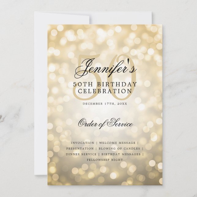 Elegant 50th Birthday Program Gold Bokeh w/ Menu Invitation (Front)