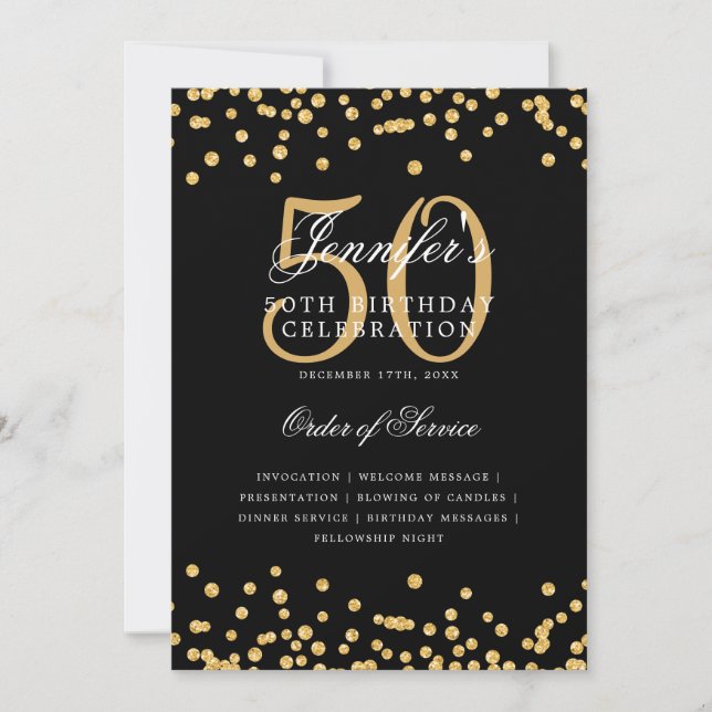 Elegant 50th Birthday Program Menu Gold Black Invitation (Front)