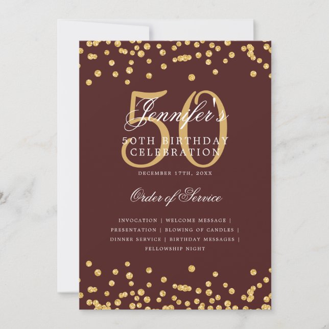 Elegant 50th Birthday Program Menu Gold Burgundy  Invitation (Front)