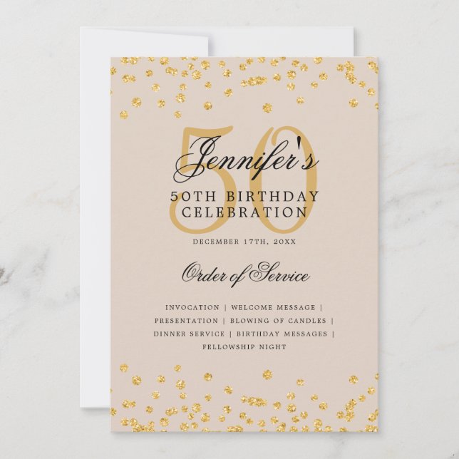 Elegant 50th Birthday Program Menu Gold Champagne Invitation (Front)