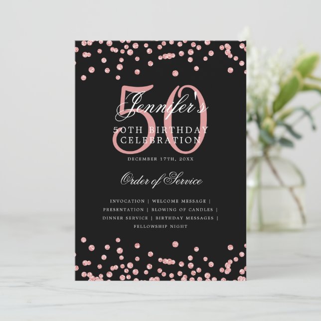 Elegant 50th Birthday Program Menu Rose Gold Black Invitation (Standing Front)