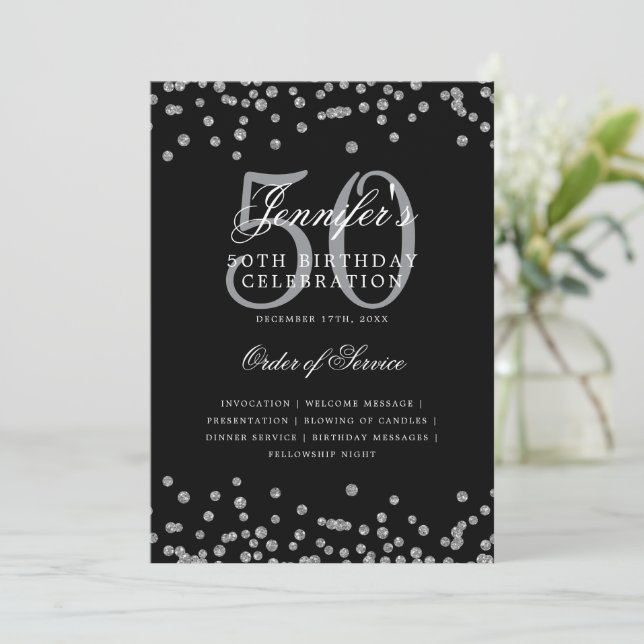 Elegant 50th Birthday Program Menu Silver Black Invitation (Standing Front)