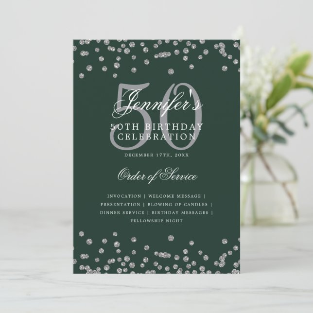 Elegant 50th Birthday Program Menu Silver Green  Invitation (Standing Front)