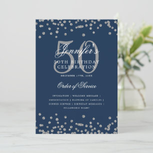Elegant 50th Birthday Program Menu Silver Navy Blu Invitation