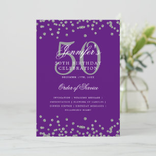 Elegant 50th Birthday Program Menu Silver Purple  Invitation