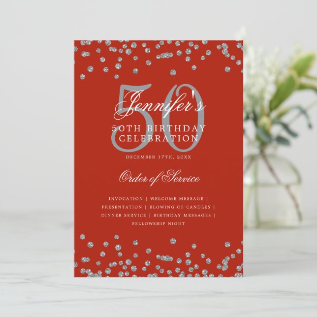 Elegant 50th Birthday Program Menu Silver Red  Invitation (Standing Front)
