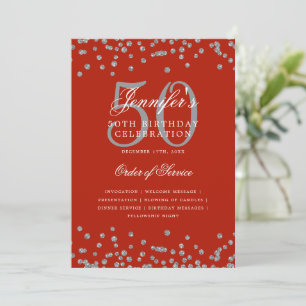 Elegant 50th Birthday Program Menu Silver Red  Invitation