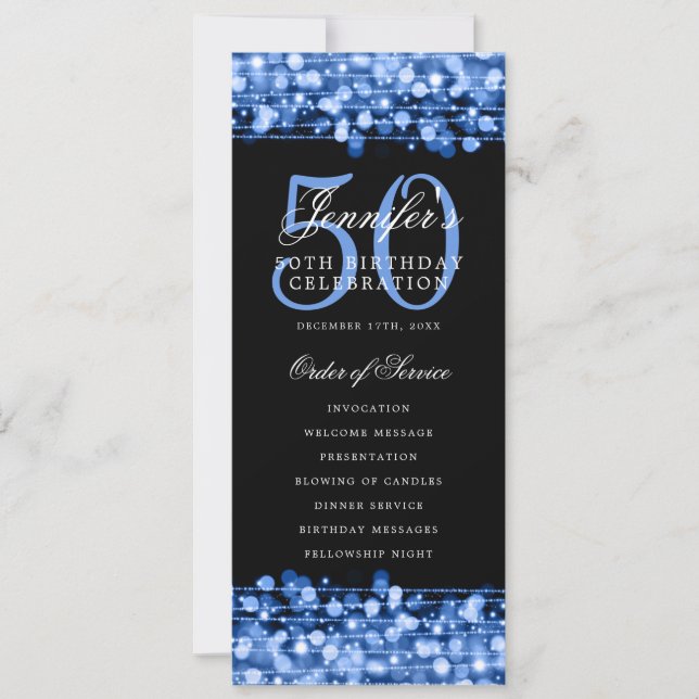 Elegant 50th Birthday Program Navy Lights  Invitation (Front)