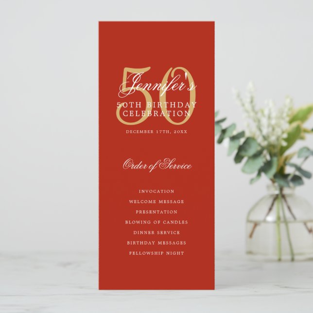 Elegant 50th Birthday Program Red Gold  Invitation (Standing Front)