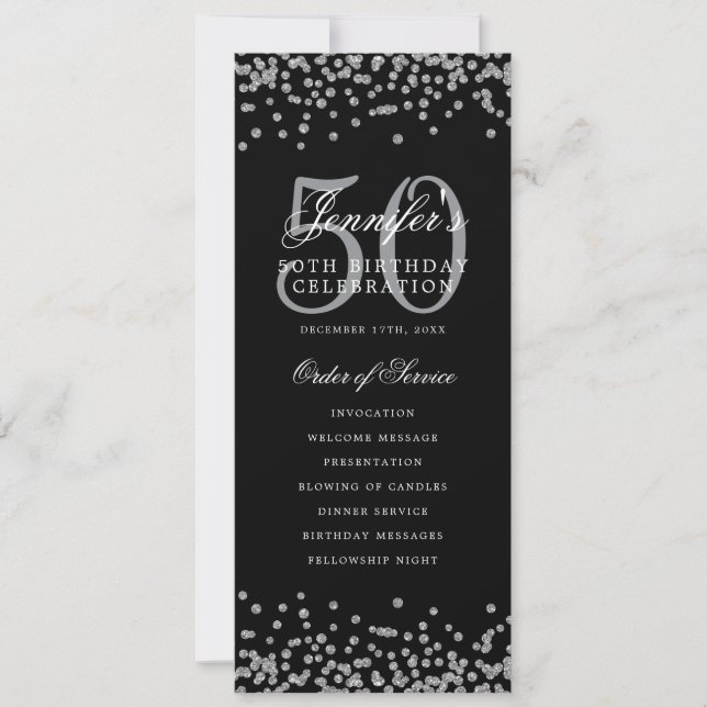 Elegant 50th Birthday Program Silver Confetti Menu Invitation (Front)