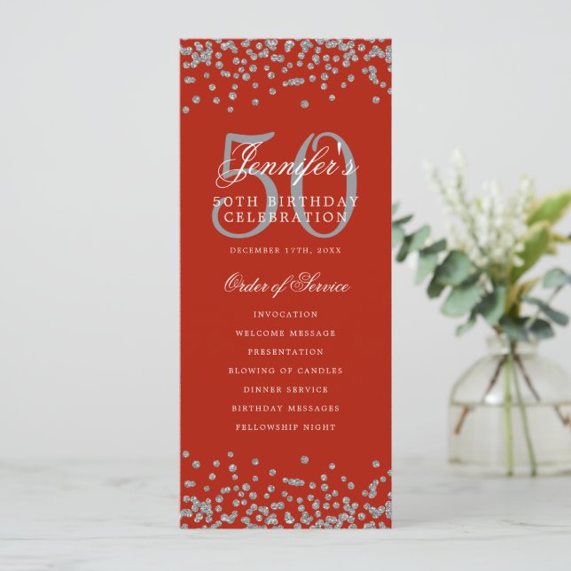 Elegant 50th Birthday Program Thank U Silver Red  Invitation (Standing Front)