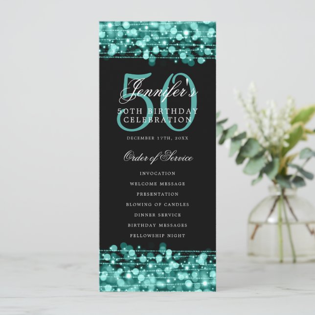 Elegant 50th Birthday Program Turquoise Thank You Invitation (Standing Front)
