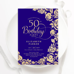 Elegant 50th Birthday Purple Gold Roses Invitation