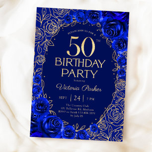 Elegant 50th Birthday Royal Blue Gold Floral Invitation