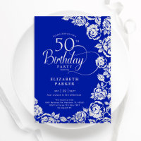 Elegant 50th Birthday Royal Blue Silver Roses