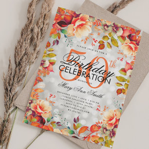 Elegant 50th Birthday Silver Fall Autumn Floral Invitation