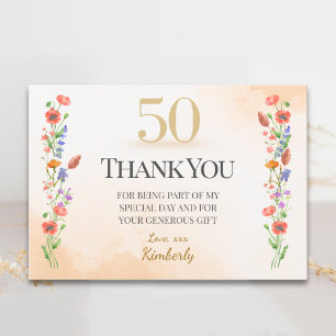 Elegant 50th Birthday – Wildflower Design Thank You Card