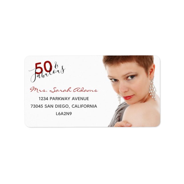 Elegant 50th Fabulous Birthday Photo Red Script Label (Front)