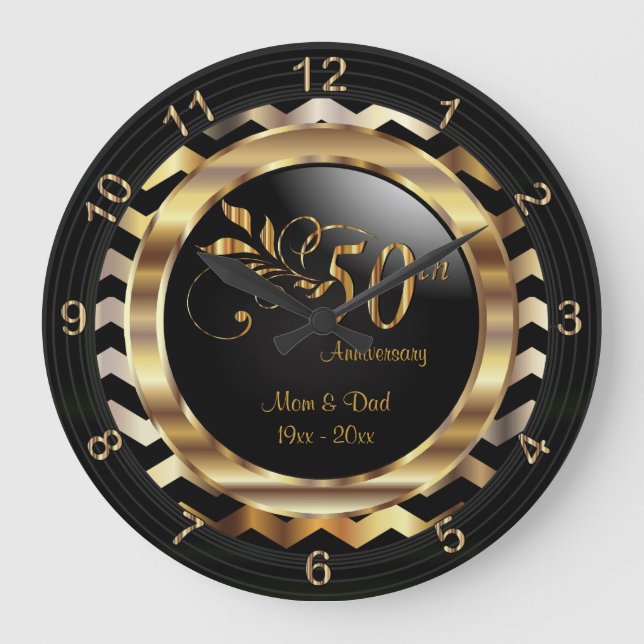 Elegant 50th Gold Chevron Anniversary Design Large Clock (Front)