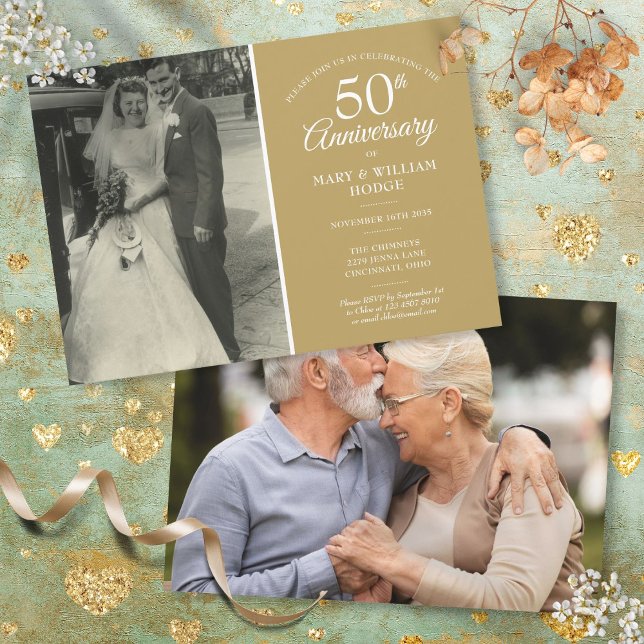 Elegant 50th Golden Wedding Anniversary 2 Photo Invitation (Elegant 50th Golden Wedding Anniversary 2 Photo Invitation)