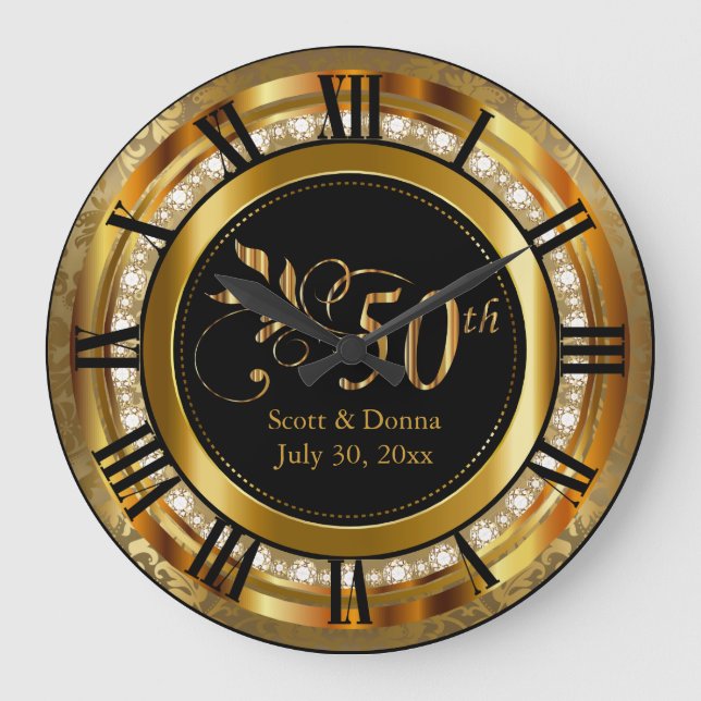 Elegant 50th Golden Wedding Anniversary Large Clock (Front)