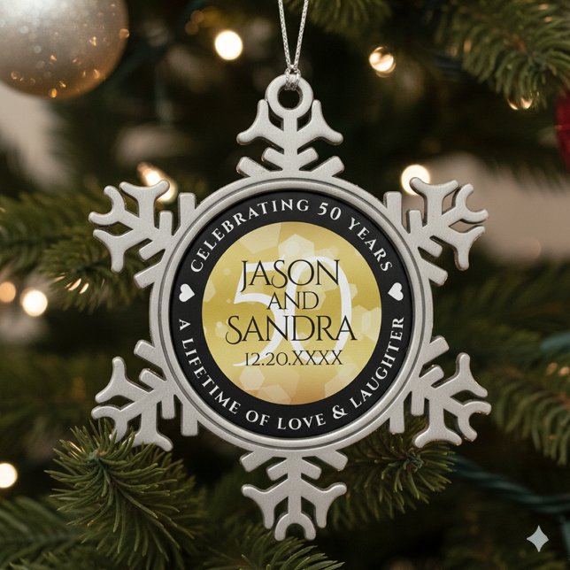Elegant 50th Golden Wedding Anniversary Snowflake Pewter Christmas Ornament (50th Golden Wedding Anniversary Snowflake Pewter Ornament Cover Photo)