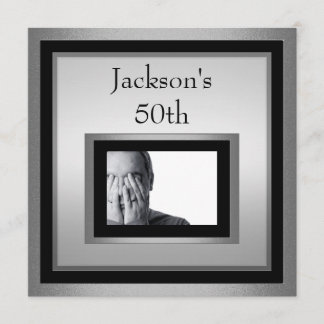 Elegant 50th Male Birthday Silver Black Photo Invitation