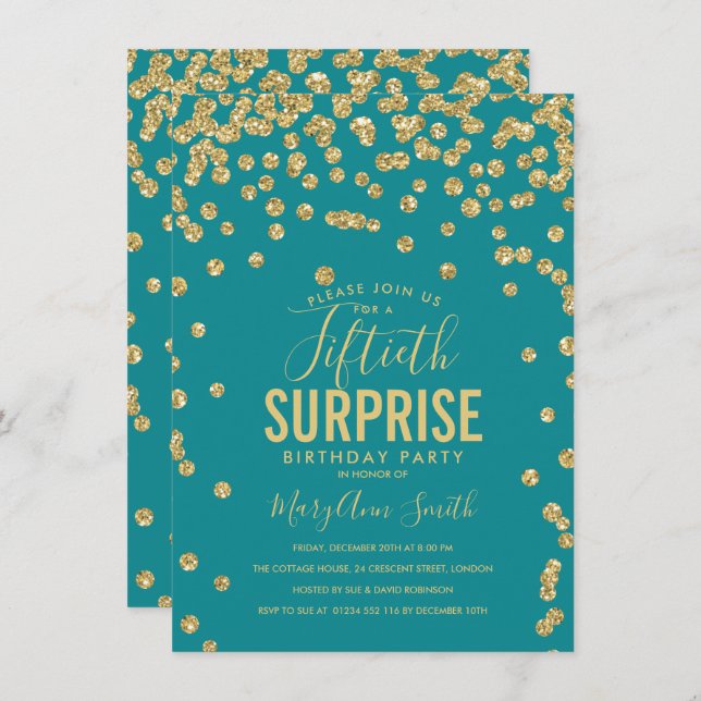 Elegant 50th Surprise Birthday Gold Teal Invitation (Front/Back)