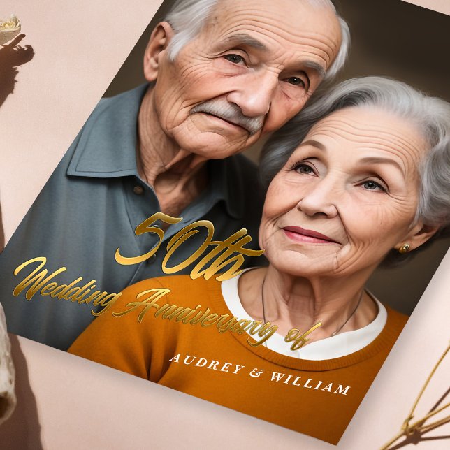 Elegant 50th Wedding Anniversary : 3D Gold Script Invitation (Elegant 50th Wedding Anniversary 3D Gold Script Invitation)
