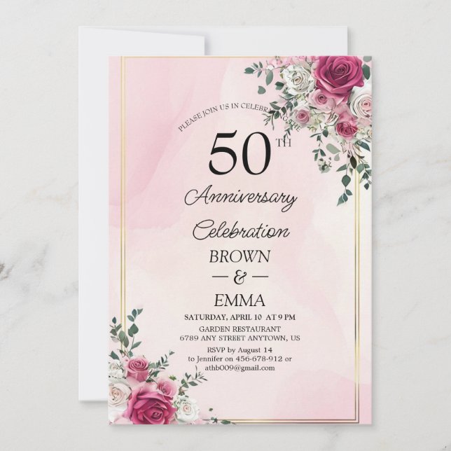 Elegant 50th Wedding Anniversary Floral Celebratio Invitation (Front)