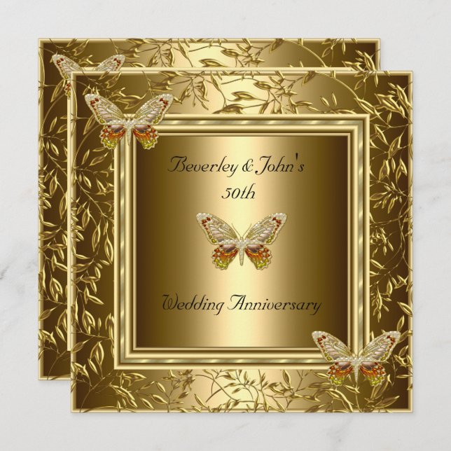 Elegant 50th Wedding Anniversary Gold Butterfly Invitation (Front/Back)