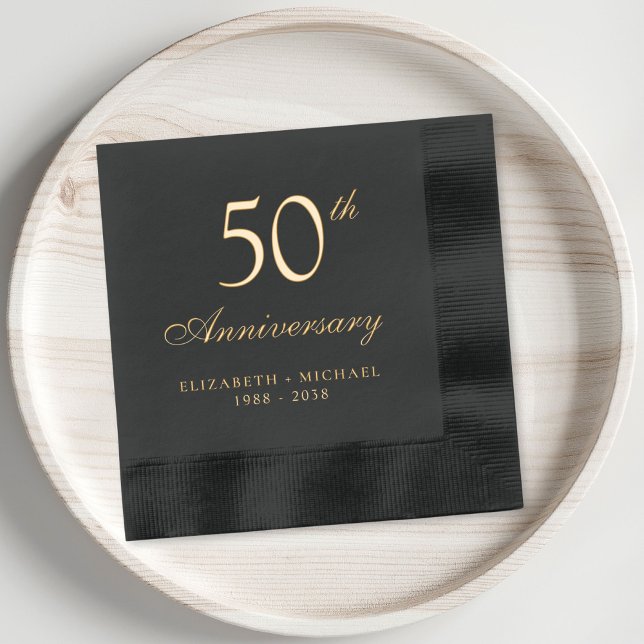 Elegant 50th Wedding Anniversary Gold Foil Napkins (Elevate your 50th wedding anniversary party decor with these elegant black & gold foil napkins)