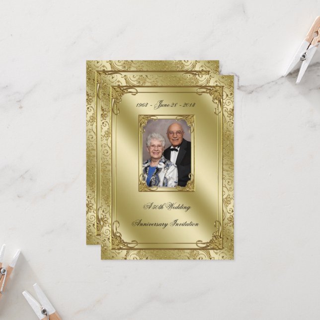 Elegant 50th Wedding Anniversary Photo Invite (Front/Back In Situ)