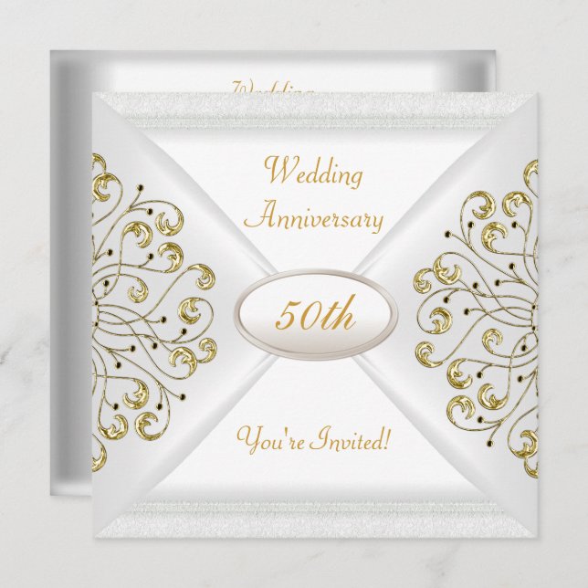 Elegant 50th Wedding Anniversary White Gold Invitation (Front/Back)
