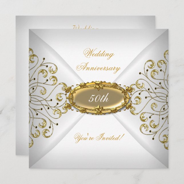 Elegant  50th Wedding Anniversary White Gold Invitation (Front/Back)