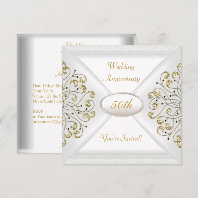 Elegant  50th Wedding Anniversary White Gold Invitation (Front/Back)