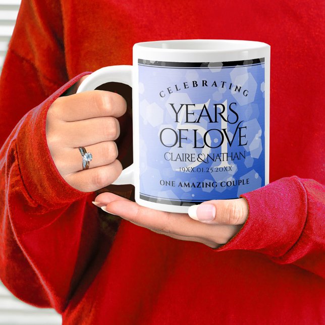 Elegant 51st Sapphire Wedding Anniversary Large Coffee Mug (51st wedding anniversary jumbo mug held by woman sporting a wedding ring and blue sweatshirt.)