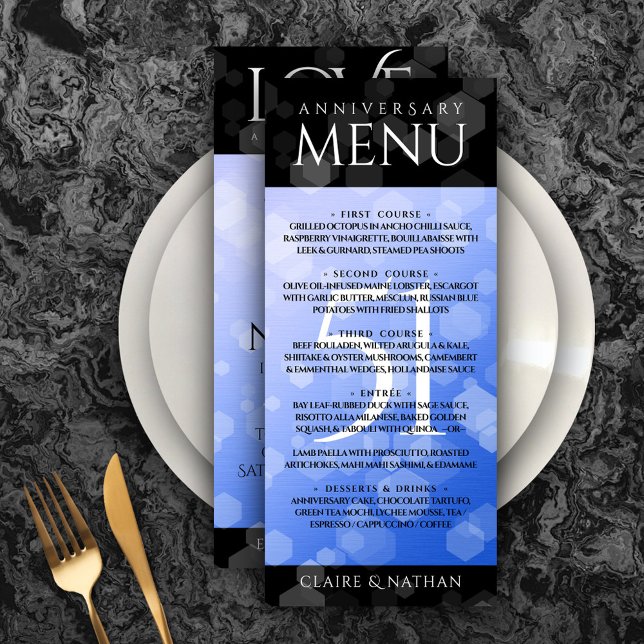 Elegant 51st Sapphire Wedding Anniversary Menu (Elegant 51st Sapphire Wedding Anniversary Menu Rack Card Cover Photo.)