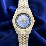 Elegant 51st Sapphire Wedding Anniversary Watch<br><div class="desc">Celebrate the 51st sapphire wedding anniversary with this commemorative watch! Elegant lettering with hexagonal confetti on a sapphire blue background add a memorable touch for this special occasion and extraordinary milestone. Customise with couple's names,  dates of marriage,  and congratulatory messages.

Design © W.H. Sim. See more at zazzle.com/expressionsoccasions</div>