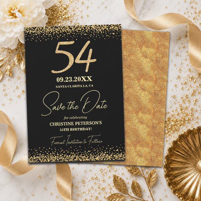 Elegant 54th Black Gold Glitter Birthday Save The Date (Creator Uploaded)