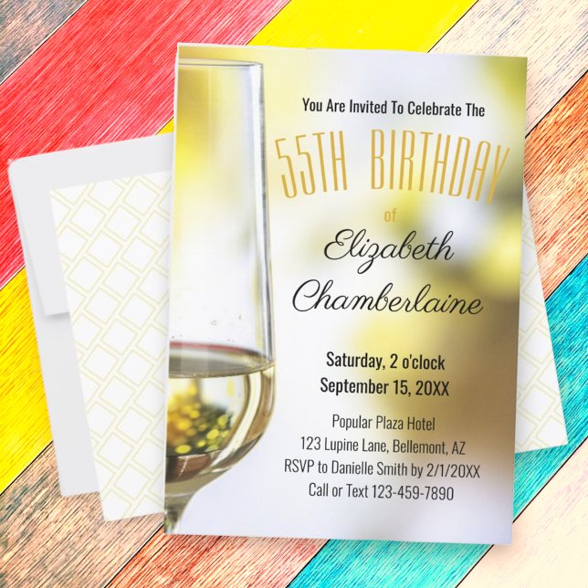 Elegant 55th Birthday White Wine Glass Custom Invitation (birthday invitation)