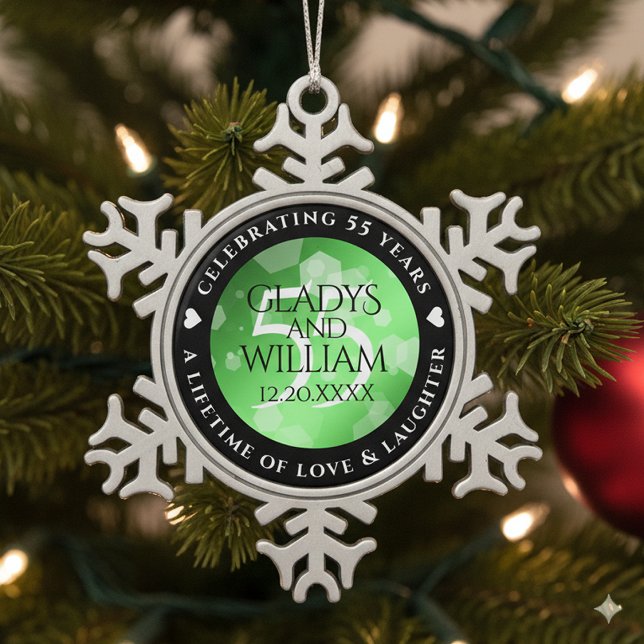 Elegant 55th Emerald Wedding Anniversary Snowflake Pewter Christmas Ornament (55th Emerald Wedding Anniversary Snowflake Pewter Ornament Cover Photo)
