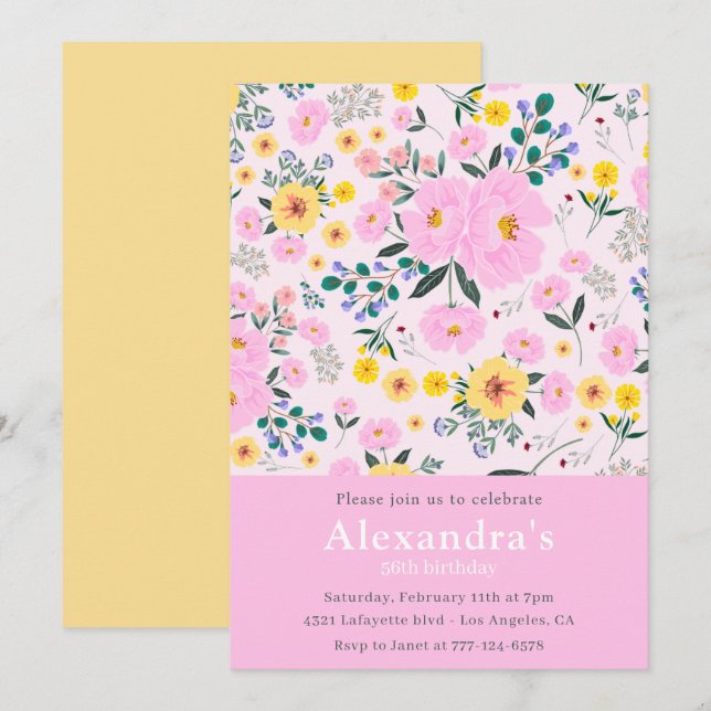 Elegant 56th birthday invitations Floral Chic Pink (Front/Back)
