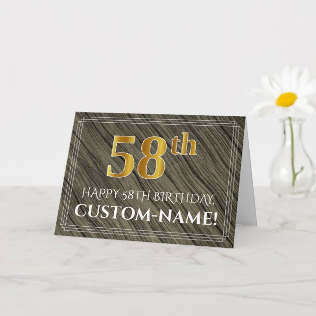 Elegant 58th Birthday: Faux Wood, Faux Gold Look Card (Small Plant)