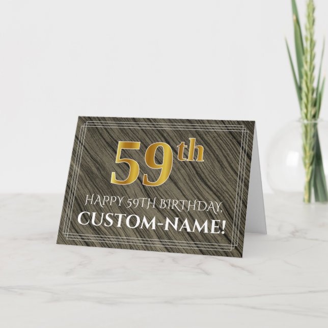 Elegant 59th Birthday: Faux Wood, Faux Gold Look Card (Front)