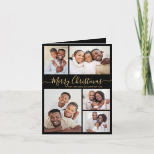 Elegant 5 Photo Collage Black Gold Christmas  Holiday Card