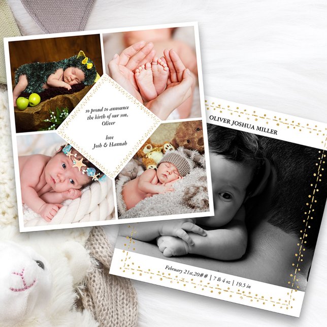 Elegant 5 Photo Gold Dot & Dash Birth Announcement (5 Photo Baby Birth Announcement. Buy printed or as a printable digital download)