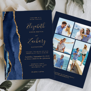 Elegant 5-Photo Navy Blue Gold Agate Wedding Invitation