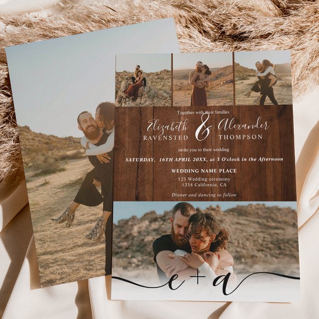Elegant 5 Photos modern script wedding rustic wood Invitation (Elegant 5 Photos modern script wedding rustic wood Invitation)